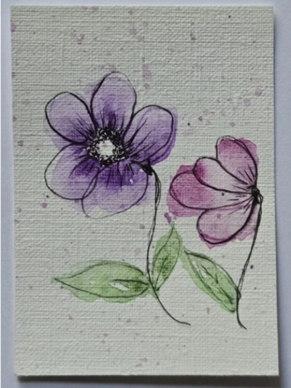 ACEO Original Art Pink Purple Flowers Ink & Watercolor Painting on Paper